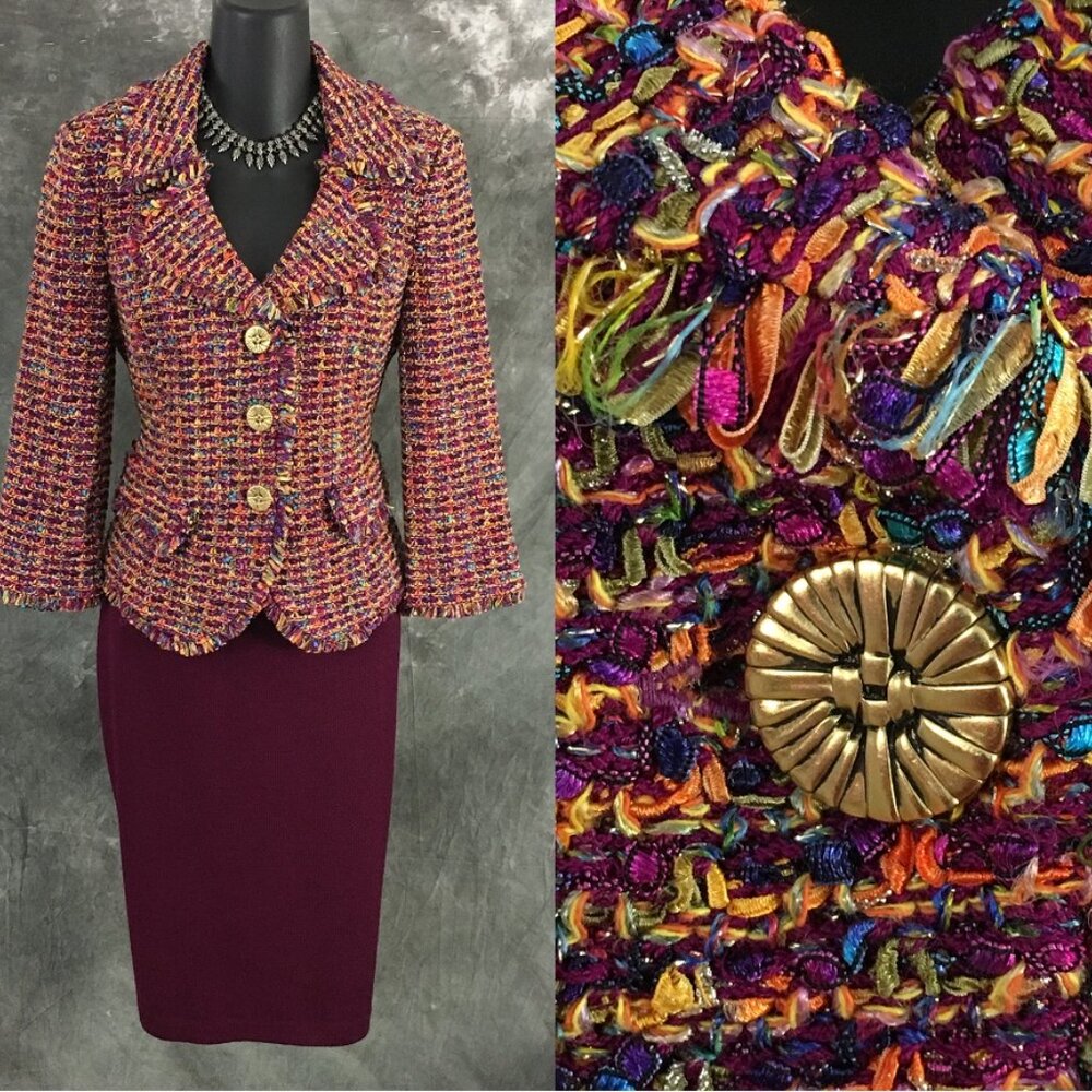 BEAUTIFUL st john knit purple pink yellow multi fringe jacket skirt suit 2 4